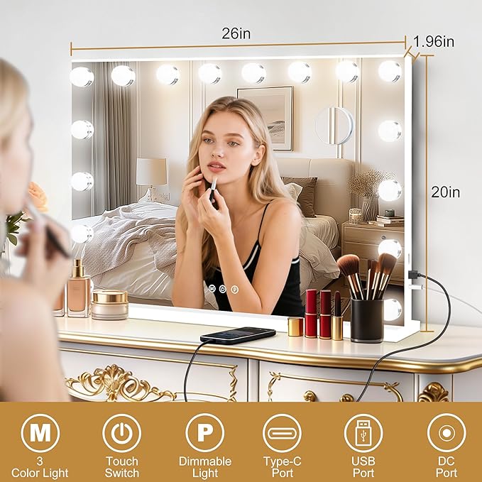 Moonee Vanity Mirror with Lights, Hollywood Lighted Makeup Mirror with 17 Dimmable Bulbs and 10X Magnification, 3 Colors Modes, Aluminum Metal Frame, Light Up Mirror for Tabletop/Wall（26" x 20"）