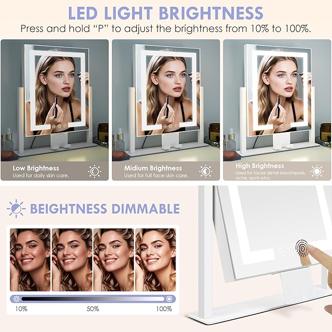 Makeup Mirror with Lights, Vanity Mirror with 3 Lighting Modes, Light Up Mirror, Touch Sensor, AC-Powered, 360 Rotatable, Metal Frame, with Detachable 3.5" 15X Spot Mirro, Gift for Women