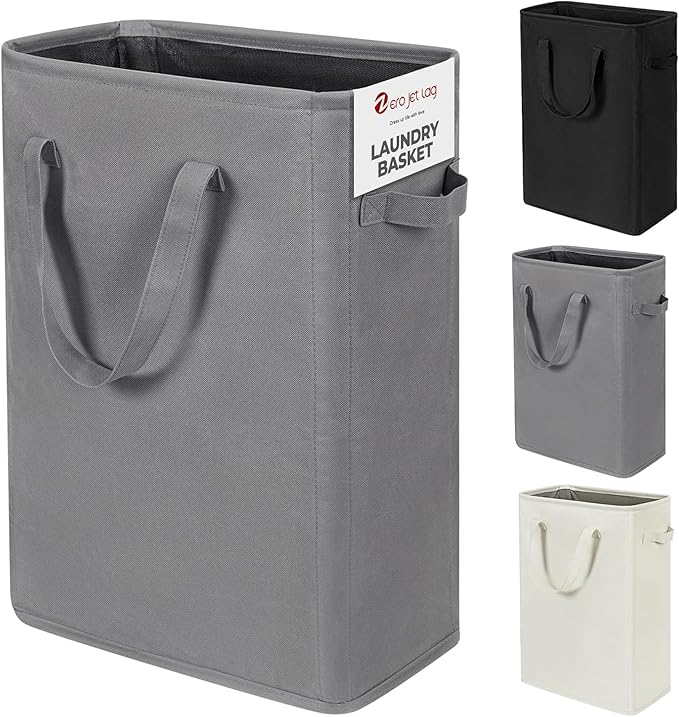ZERO JET LAG Slim Laundry Hamper With Handles Collapsible Laundry Basket Thin Dirty Clothes Basket Narrow Laundry Bag Foldable Dirty Cloth Hamper 45L (24 inches,Grey)