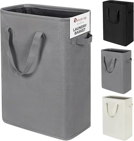 ZERO JET LAG Slim Laundry Hamper With Handles Collapsible Laundry Basket Thin Dirty Clothes Basket Narrow Laundry Bag Foldable Dirty Cloth Hamper 45L (24 inches,Grey)