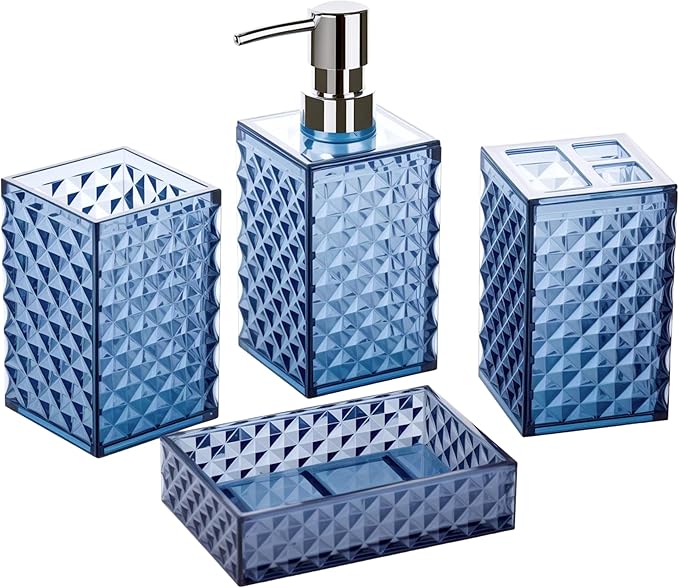 Blue Bathroom Accessories Set, 4 PCS Dark Navy Blue Bathroom Accessories Sets Complete, Diamond Pattern Bathroom Soap Dispenser and Toothbrush Holder Set, Boho Bathroom D??cor and Accessories