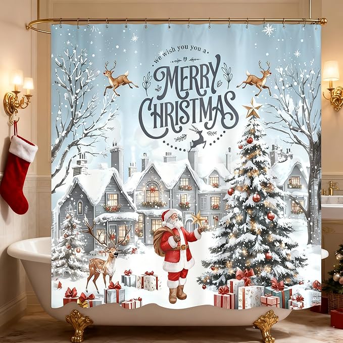 Christmas Shower Curtain，Santa Claus Castle Reindeer Shower Curtain，Winter Pattern Holoday Shower Bathroom Decor For Bathroom ，72x72 Inch Waterproof Polyester Insulated Home Decor Set，With Hooks