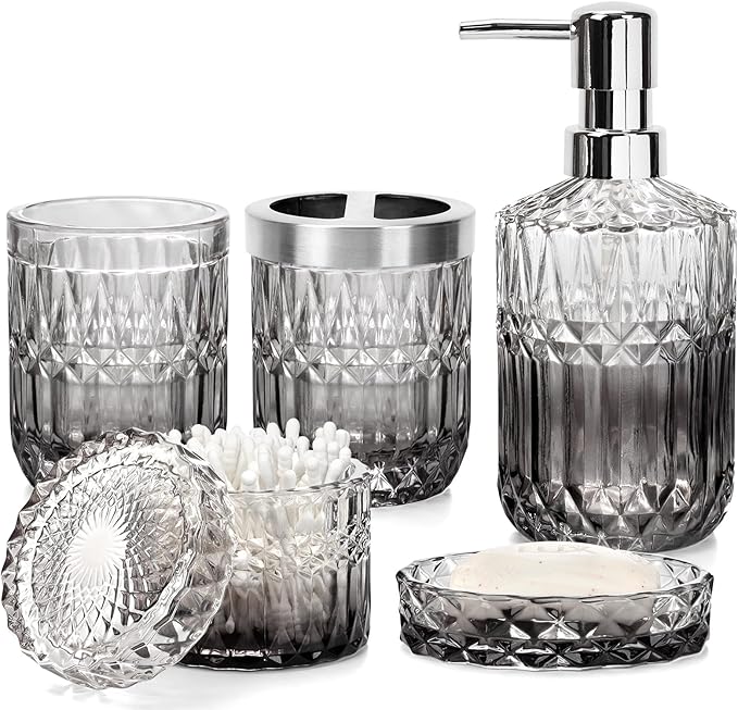 Bathroom Accessories Set, 5Pcs Bathroom Soap Dispenser Set, Glass Bathroom Accessories with Glass Soap Dispenser, Soap Dish, Toothbrush Holder, Tumbler, Cotton Swab Jar (Gradient Clear & Black)