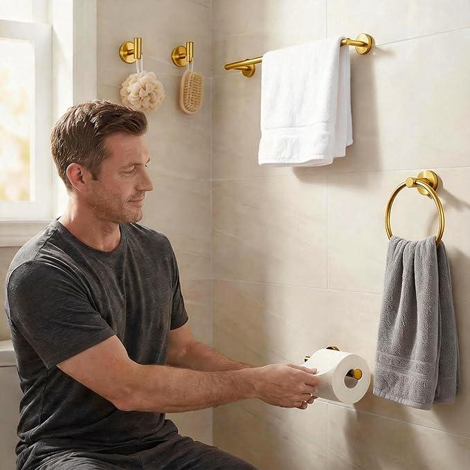 5-Piece Bathroom Hardware Set, Gold SUS304 Stainless Steel Bathroom Accessories Kit, Includes 24" Towel Bar, Toilet Paper Holder, Towel Ring & 2 Robe Hooks, Wall Mounted, Rustproof Modern Design