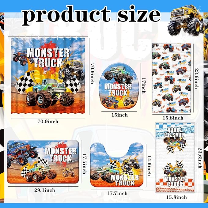 Nuanchu 6 Pcs Shower Curtain Set with Rug Monster Truck Bathroom Sets with Shower Curtain Bath Mat U Shaped Mat Toilet Lid Cover 2 Bath Towels and 12 Hooks Monster Truck Bathroom Decor