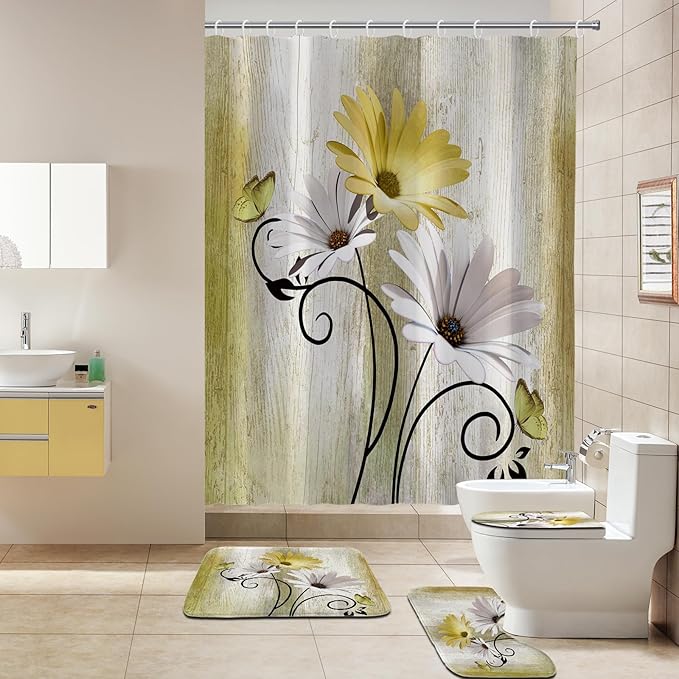 Onalasyc 4PCS Yellow Daisy Flowers Butterfly Shower Curtain Set with Shower Curtain and Carpet and Accessories, Waterproof Bathroom Shower Curtain Decorative Set with 12 pcs Hooks,71 x 71in