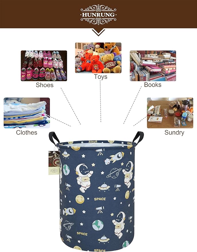 HUNRUNG Laundry Hamper,Large Canvas Fabric Lightweight Storage Basket Toy Organizer Dirty Clothes Collapsible Waterproof for College Dorms???Round-Blue Space Astronaut???