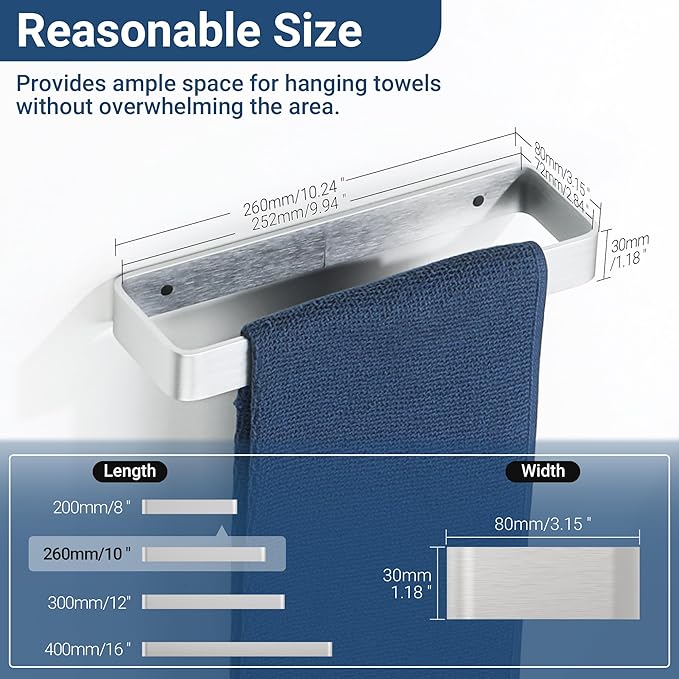 SAYAYO Brushed Nickel Hand Towel Holder for Bathroom Wall, 10 Inch Self Adhesive Towel Bar Hand Towel Rack Square Heavy Duty