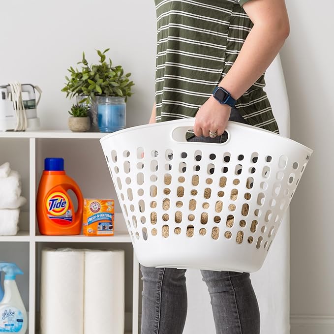 IRIS USA Laundry Basket Hamper, 27L Flexible Portable Plastic Dirty Clothes Bag with Ventilation Holes for Bedroom Bathroom Apartment Dorm Laundry Room Blankets Pillows Trinkets Organization, White