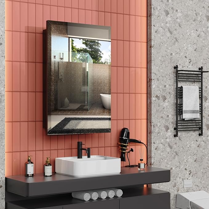 16 x 24 Inch Recessed Medicine Cabinet, Metal Cabinet with Adjustable Shelves, Wall Mounted Black Cabinet for Bathroom
