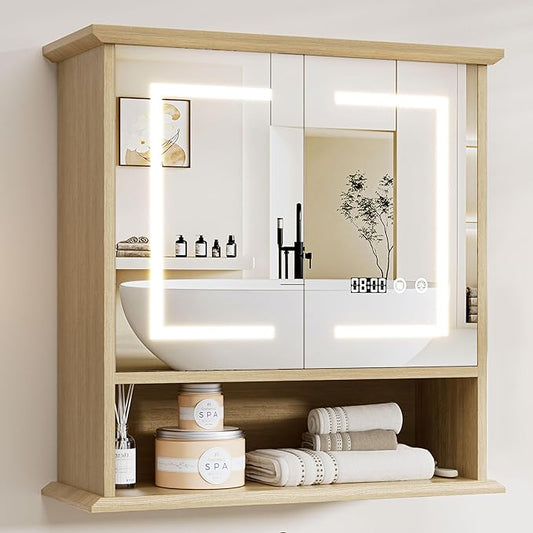 Bathroom Medicine Cabinet with Mirror, Lighted Storage Cabinet Wall Mounted with Doors & Adjustable Wood Shelf, Modern Bathroom Mirror with LED Lights Defogger for Makeup Laundry/Living Room, Oak
