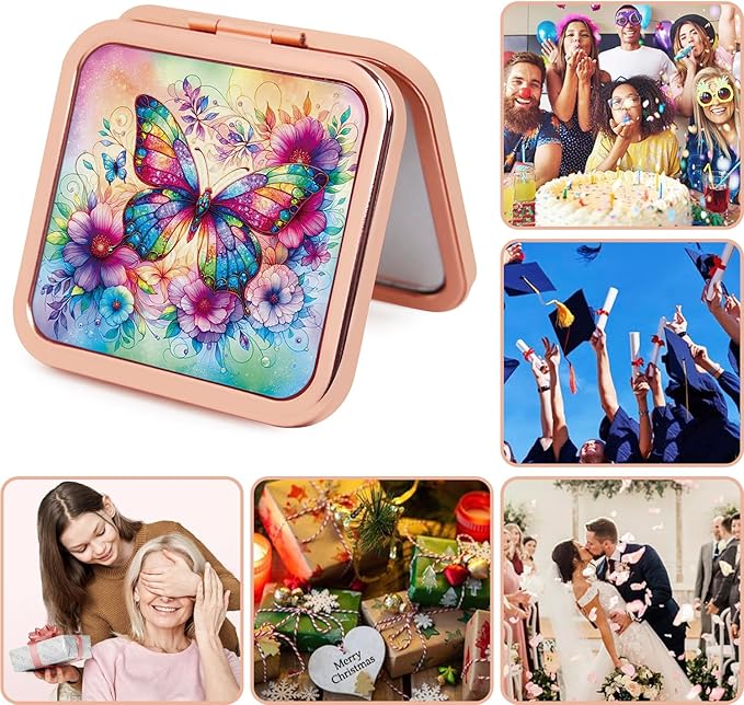 Compact Mirror, Handheld 2.8 inches Travel Makeup Mirror, 1X/2X Magnifying Square Pocket Makeup Mirror Rose Gold Butterfly