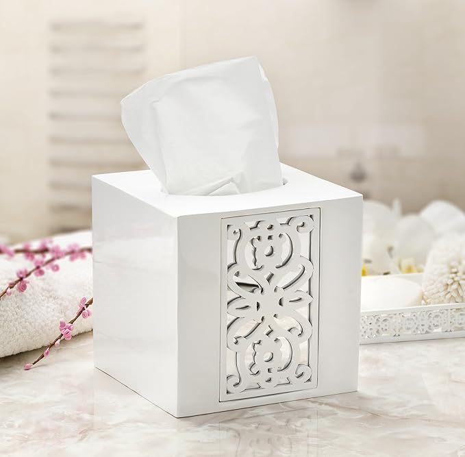Creative Scents Mirror Janette White Bathroom Accessories Set Complete - 6 Piece Bathroom Set Includes: Soap Dispenser, Toothbrush Holder, Tumbler Cup, Soap Dish, Tissue Cover, and Wastebasket