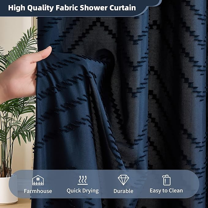 Extra Long Boho Navy Blue Shower Curtain, Woven Fabric Shower Curtain, 72 x 96, Tufted Striped Modern Chic Textured Cloth Shower Curtains Minimalist Bathroom Decor