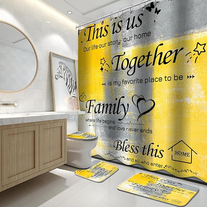 Lnond 4Pcs Bathroom Shower Curtain Sets with Rugs, Yelloe Grey Motivational Home Family Bathroom Sets with Shower Curtain and Rugs and Accessories