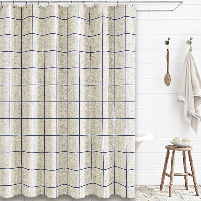Farmhouse Plaid Shower Curtain Beige Linen Shower Curtains for Bathroom Natural Blue Pattern 72 x 72 Inch
