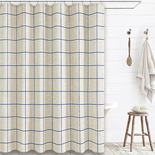 Farmhouse Plaid Shower Curtain Beige Linen Shower Curtains for Bathroom Natural Blue Pattern 72 x 72 Inch