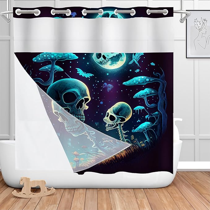 Shrahala Happy Halloween Funny No Hooks Shower Curtain with Snap in Liner Set, Skeletons Grass Mushrooms Starry Sky Bathroom Décor Polyester Fiber Waterproof for Stall Bathtubs 71 x 74 in