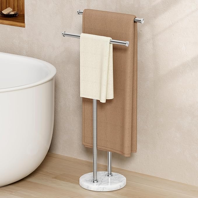 KES Standing Towel Rack for Bathroom Floor with 10.5 Lbs Natural Marble Base, 2-Tier Free Standing Towel Rack Double T-Shape, 18/8 Stainless Steel, Brushed Finish, BTH237A-2