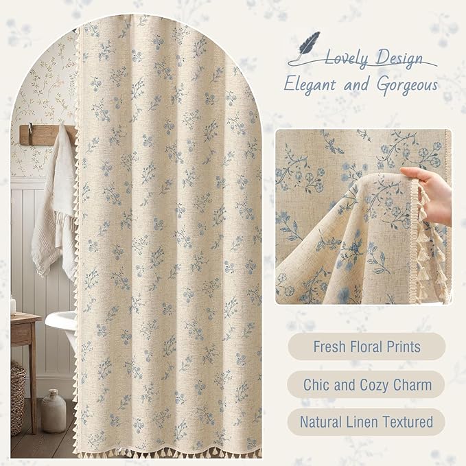 Blue Vintage Linen Shower Curtain, French Country Shower Curtains for Bathroom with Tassels, 72Wx72H