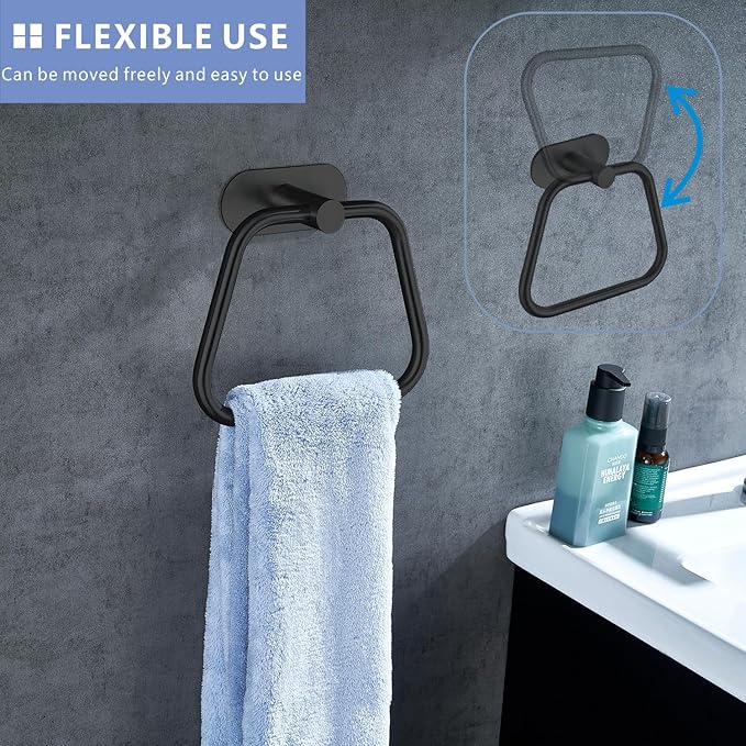 Self-Adhesive Towel Ring, Bathroom Hardware Accessories, 304 Stainless Steel Hand Towel Holder for Bathroom and Kitchen, Ladder Towel Hook, No Drill Installation Wall Mount (Black)