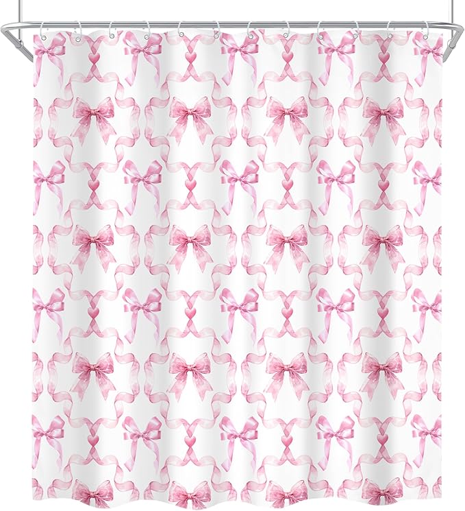 Cinbloo 4Pcs Pink Bow Shower Curtain Set, Retro Coquette Preppy Modern Fashion Pretty Sweet Girly Bathroom Curtain with Rug, Toilet Lid Cover, Bath Mat, Aesthetic Shower Curtain with 12 Hooks