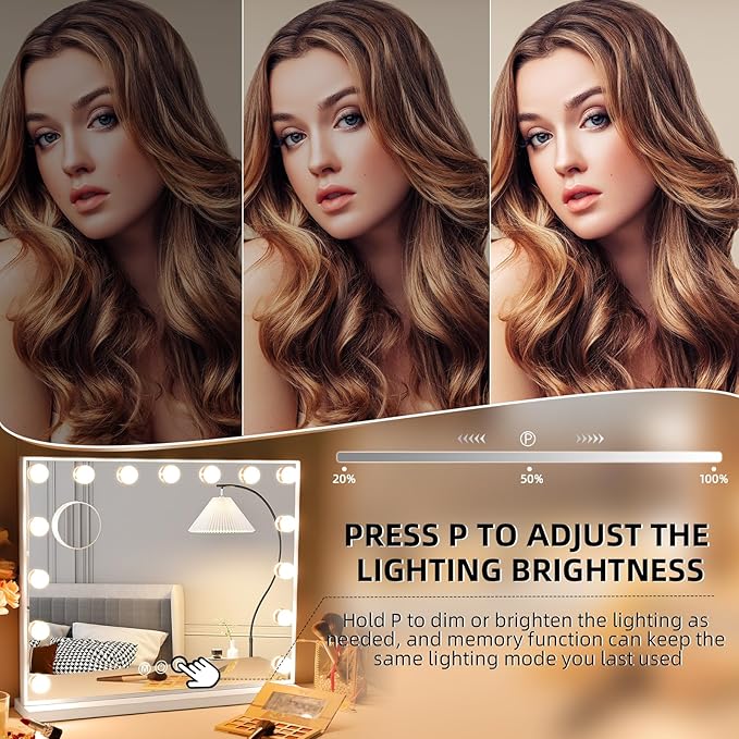 Hansong Vanity Mirror with Lights: Hollywood Lighted Makeup Mirror with 15 LED Bulbs, 22.8''x18'' Light Up Mirror with 3 Colors Modes for Desk, Large Mirrors with USB Charging Port for Bedroom, White
