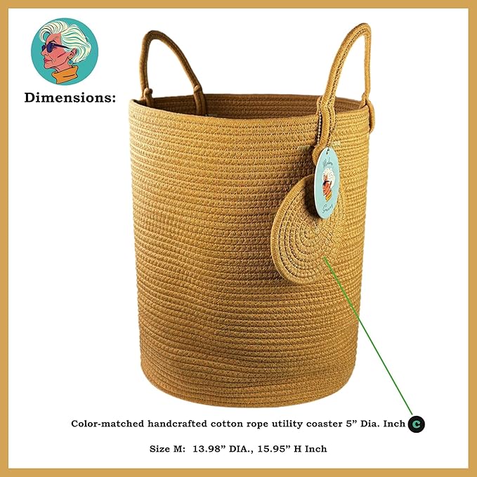 Modern Granny Medium Cotton Rope Laundry Hamper 14x16 Inch Dual Secure Woven Handle for Living Room Closet Clothes Blanket Organization