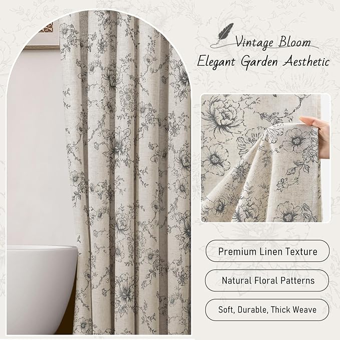 Farmhouse Floral Linen Shower Curtain, Vintage Grey Pattern Rustic Shower Curtains for Bathroom, Dark Gray,72x72