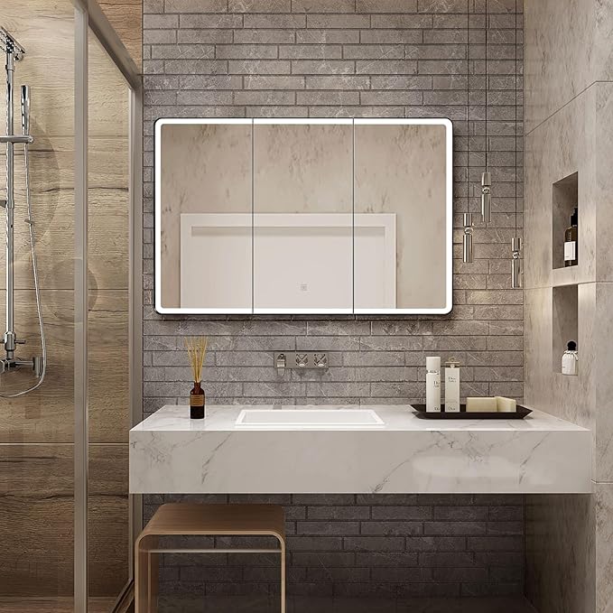 IDYLLOR Lighted Bathroom Medicine Cabinet with Round Corner Framed Mirror Door 40 x 25.5 inch, Recessed or Surface Mount, with Adjustable Glass Shelves