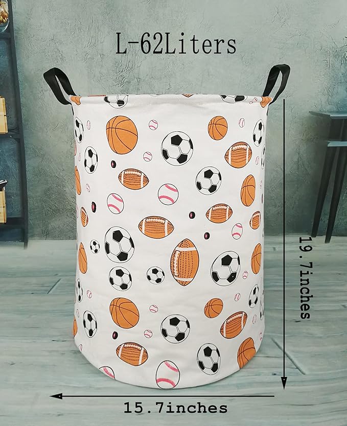 KUNRO Round Basketball Football Laundry Gift Basket Storage Hamper, Clothes Storage Organizer Bins, Shelf Basket with Handles for Room Decor (Balls)
