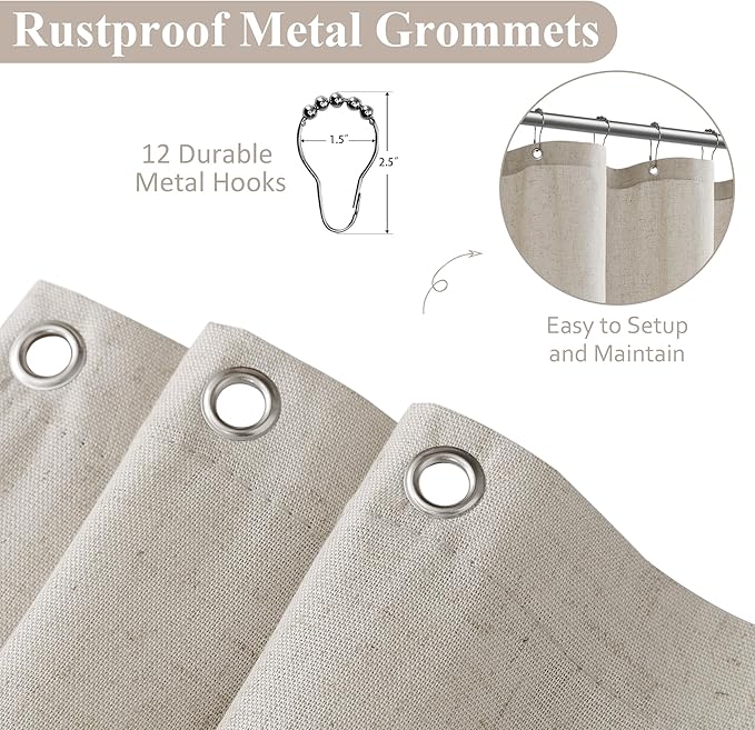 Naturoom Apricot Linen Shower Curtain, Cloth Textured Fabric Shower Curtain Set with Hooks, Simple Elegant Modern Farmhouse Country Ultra Thick Bath Curtains for Bathroom,Water Repellent,60x72