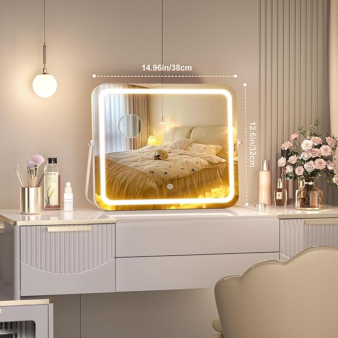 Hasipu Vanity Mirror with Lights, 15" x 13" LED Makeup Mirror, 3 Modes Light, Smart Touch Control Dimmable, 360°Rotation, Rectangle White Frame, with 5X Magnifying Glass