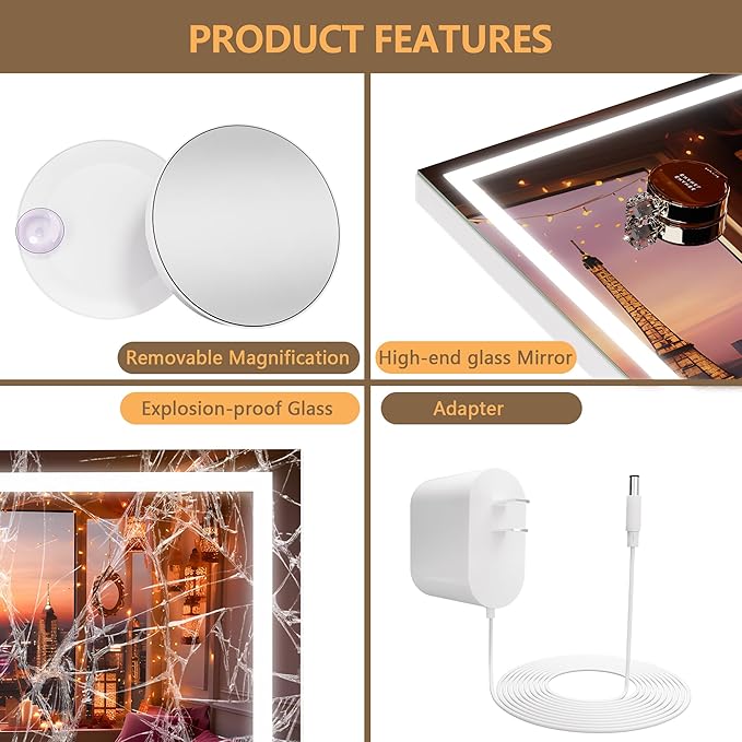 Hasipu Vanity Mirror with Lights, 42" x 30" LED Makeup Mirror, Lighted Makeup Mirror with Dimmable 3 Modes, Touch Screen Control Vanity Mirror Square White