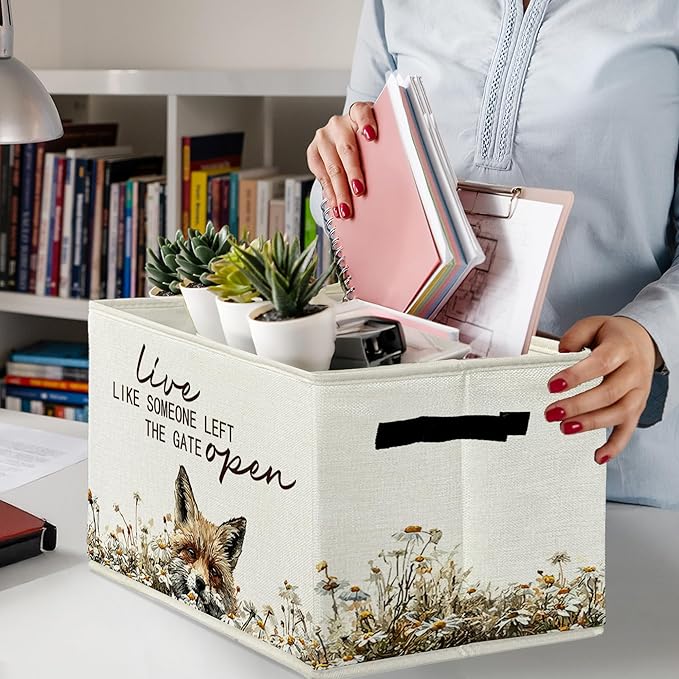 Rustic Fox Storage Bins & Boxes with Handles, Farmhouse Fox Foldable Basket for Organizing, Live Like Someone Left the Gate Open Collapsible Storage Basket for Bedroom Bathroom Clothes Toys