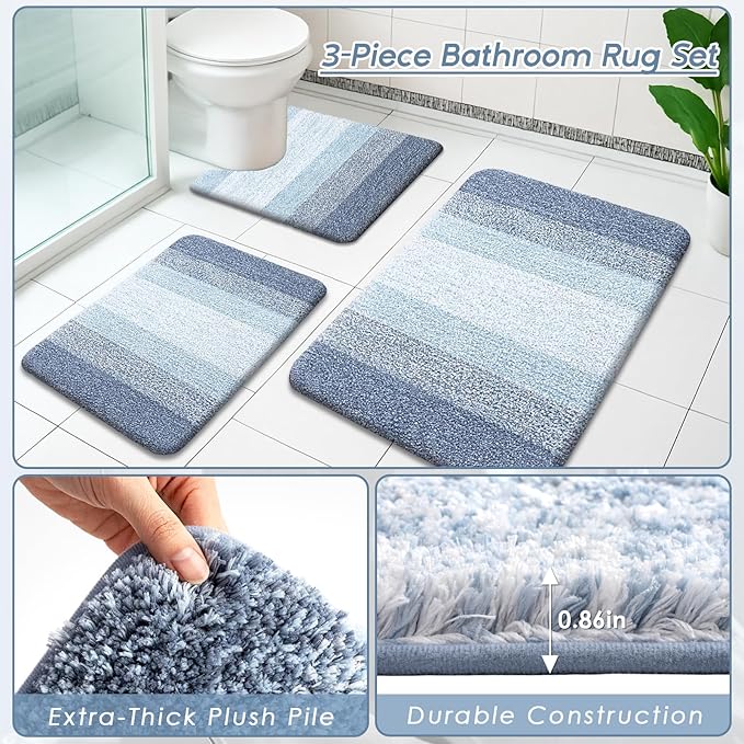 Britimes Blue Stripes Bathroom Sets with Shower Curtain and Rugs, Ombre Modern Abstract Waterproof Shower Curtain Liner and Soft Non Slip Bath Mat for Bathroom Decor and Accessories Hooks