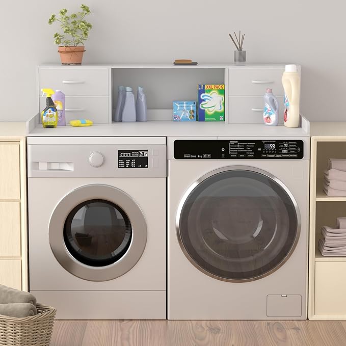 Unionly Washer and Dryer Countertop, 27.5“ D x 53.9“ W x 12.9“ H Solid Wood Washer and Dryer Countertop with Organizer Shelves with Four Drawers for Laundry Room Organization (White)