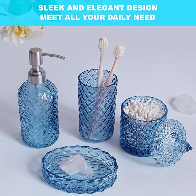 LaMarriti Blue Bathroom Accessories Set, 4Pcs Clear Glass Bathroom Accessory Set, Lotion Soap Dispenser, Toothbrush Holder Set, Soap Dish, Qtip Holder for Vintage Crystal Bath Decor, Light Blue