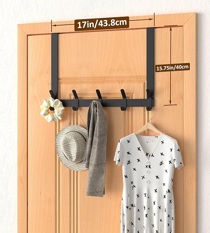Long Over The Door Hooks Hanger with 15.75" Arms for Easier Access by Shorter, J16U, Perfectly Fits US Standard 1 3/8-inch Doors, Towel Rack Bathroom Organizer Holder, Rustproof, Black