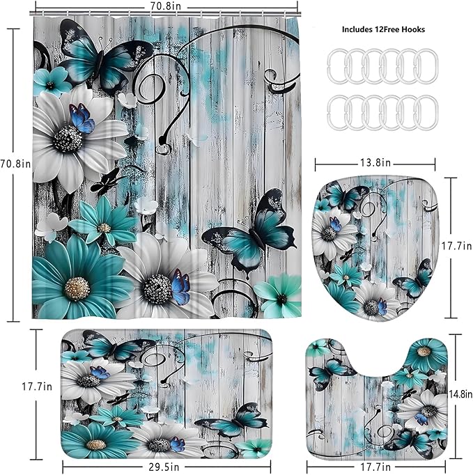 AZHM Relief Daisies and Butterflies Shower Curtain Set 4pcs Rustic Farmhouse Bathroom Decor Set with Shower Curtain and Rugs and Accessories