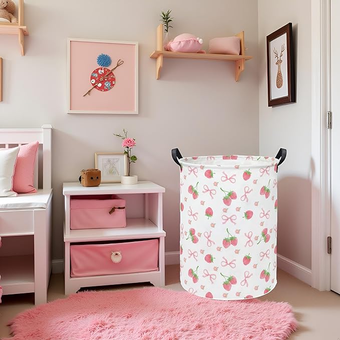Baby Laundry Hamper kids laundry Basket Waterproof Storage Bin for Bedroom Toy Clothes Organizer Basket Woodland Animals Room D??cor(Bowknot Strawberry)