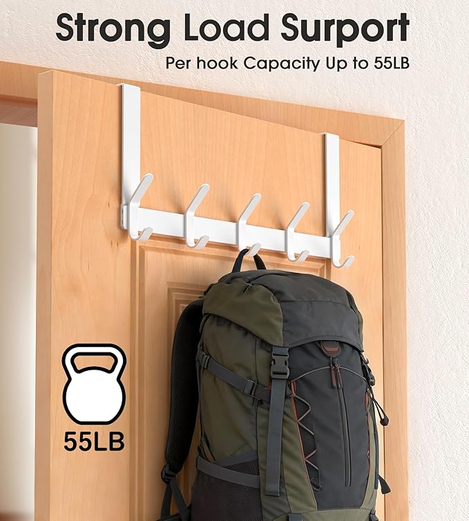 Over The Door Hooks Hanger with 7" Arms for Hanging Heavy Coats, Towel, J7U, Perfectly Fits US Standard 1 3/8-inch Doors, Towel Rack Bathroom Organizer Holder, Rustproof, White
