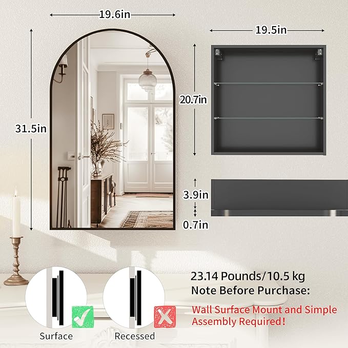 FKWin 20 x 32 Inch Black Arched Bathroom Medicine Cabinet with Mirror, Wall Mounted Surface Mount Bathroom Storage Cabinet,Adjustable Tempered Glass Shelves,Vanity Mirror with Storage