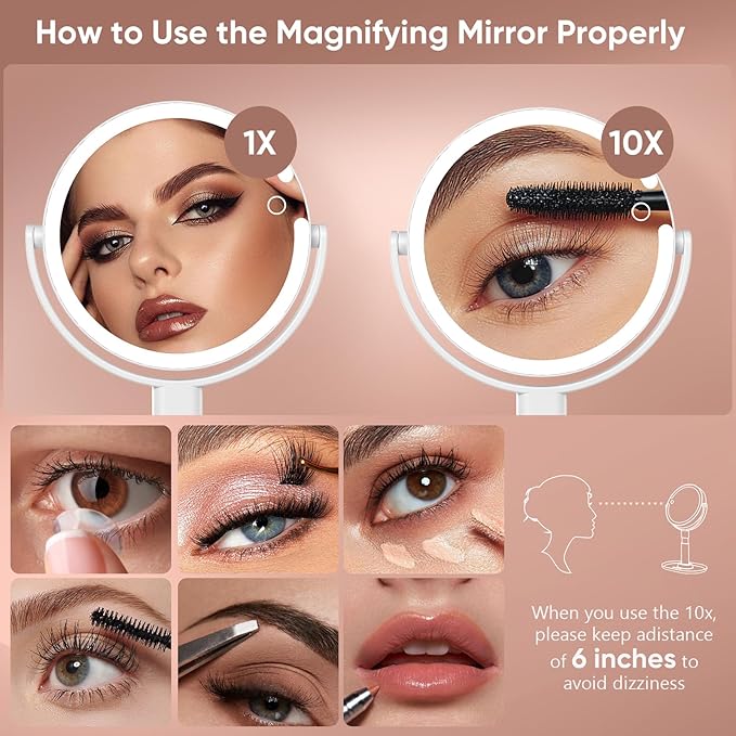 Lighted Makeup Mirror with 10X Magnification, Rechargeable LED Magnifying Vanity Mirror with 3 Lights, Adjustable Height, Storage Base and Phone Holder, White, 8 inch