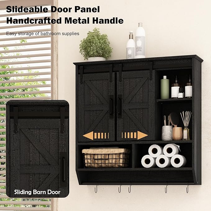 RUSTOWN Farmhouse Bathroom Wall Cabinet,3-Tier Rustic Wood Wall Mounted Cabinets,Vintage Medicine Cabinet with Sliding Barn Door and Adjustable Shelves,Over The Toilet Storage Cabinet (Black)