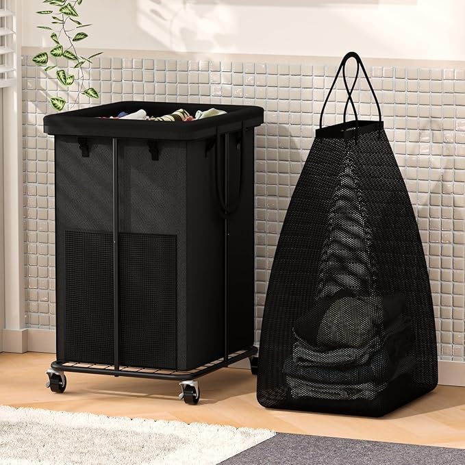 YKDIRECT 150L Large Laundry Hampers Basket with Removable Washing Bag, Oxford Fabric Laundry Hamper Clothes Hampers, Metal Frame Design with Wheels, Suitable for Bedroom, Laundry Room (Black with Bag)