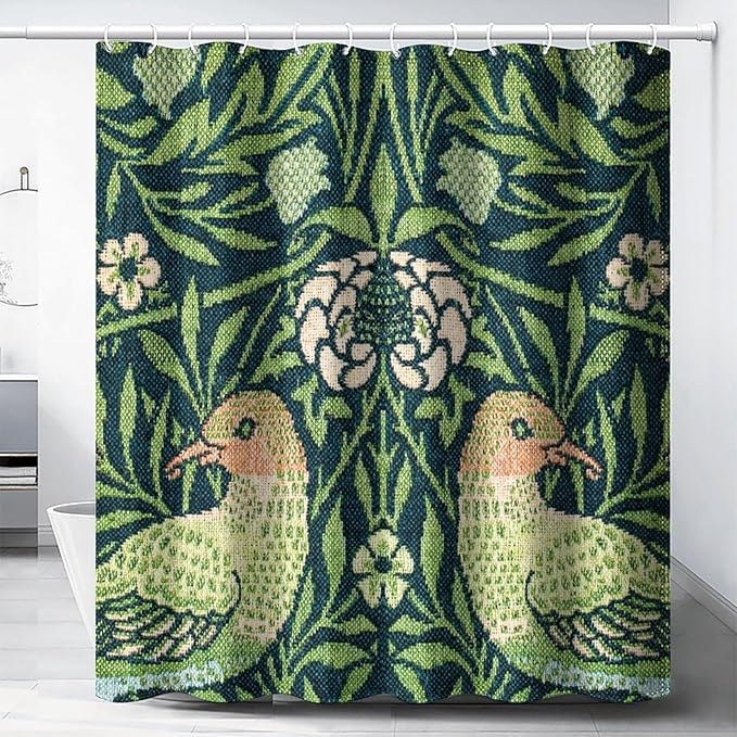 Boho Bird Shower Curtain William Morris Art Print Retro Bird Plant Natural Flower Pattern Print Shower Curtains 66""×72"" Inch, Style-6
