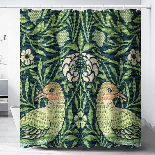 Boho Bird Shower Curtain William Morris Art Print Retro Bird Plant Natural Flower Pattern Print Shower Curtains 66""×72"" Inch, Style-6