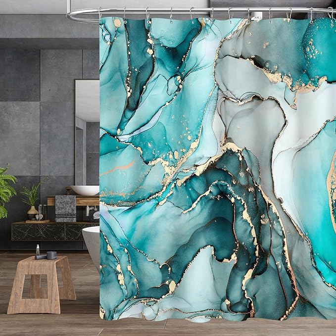 4PCS Teal Blue Marble Shower Curtain Sets with Rugs, Gold Abstract Bathroom Sets with Shower Curtain and Rugs, Modern Bathroom Curtains Shower Set with Accessories for Bathroom Decor
