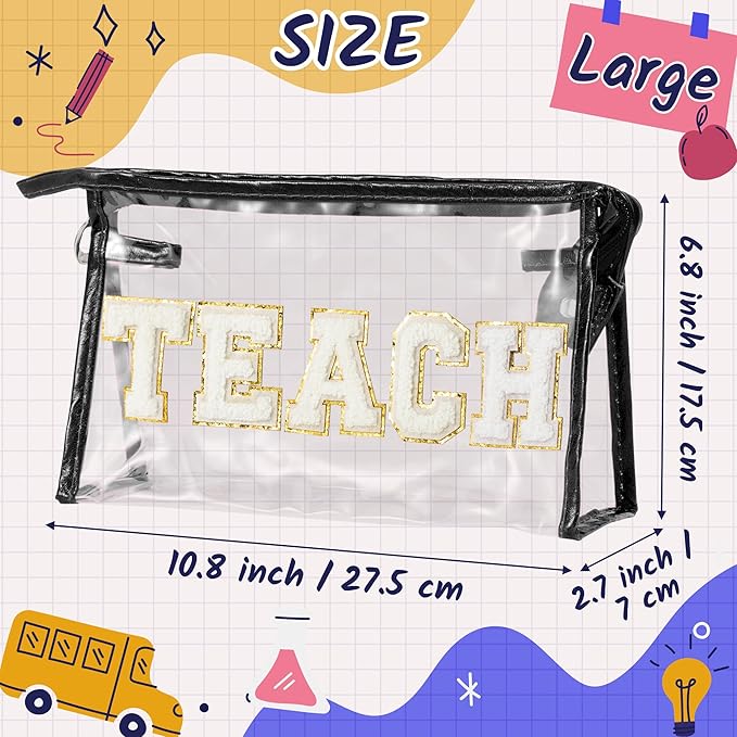 CY2SIDE TEACH Clear Makeup Bag - White TEACH Letter Patch Cosmetic Bag with Handle for Travel PVC Zipper Clear Toiletries Waterproof Portable Travel Organizer Teacher Appreciation Gifts, Black